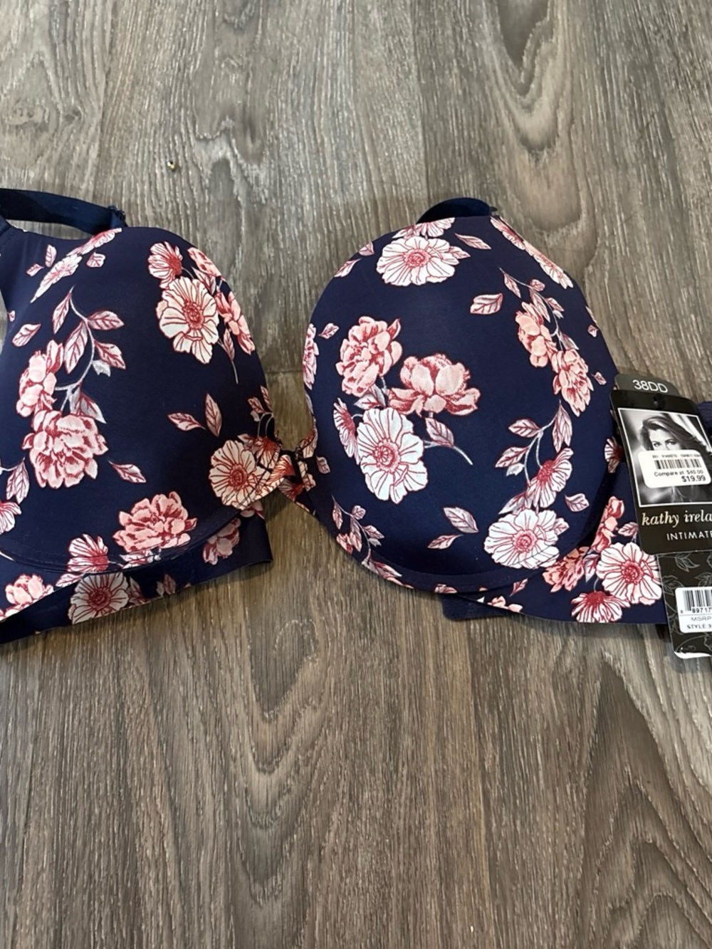 kathy ireland Navy Bra with Pink Floral Print size 38DD